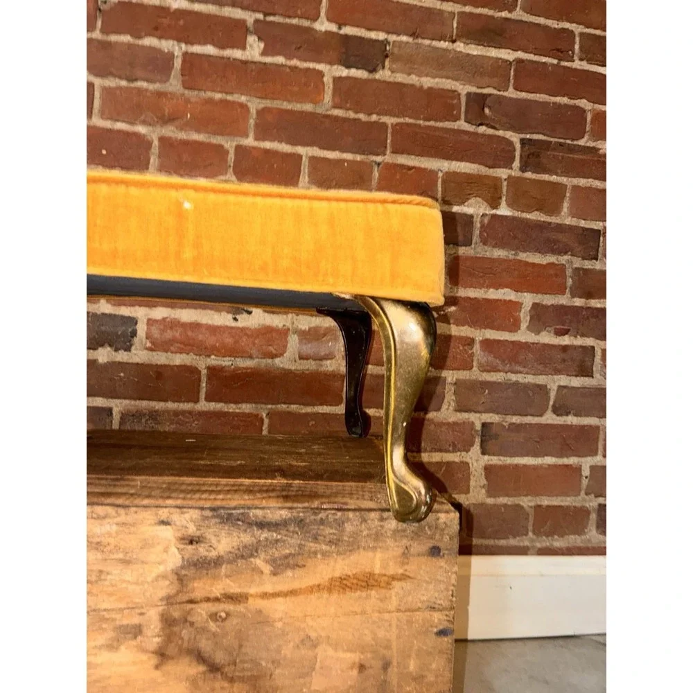 MCM Small Gold Cut‎ Velvet Brass Leg Footstool Ottoman